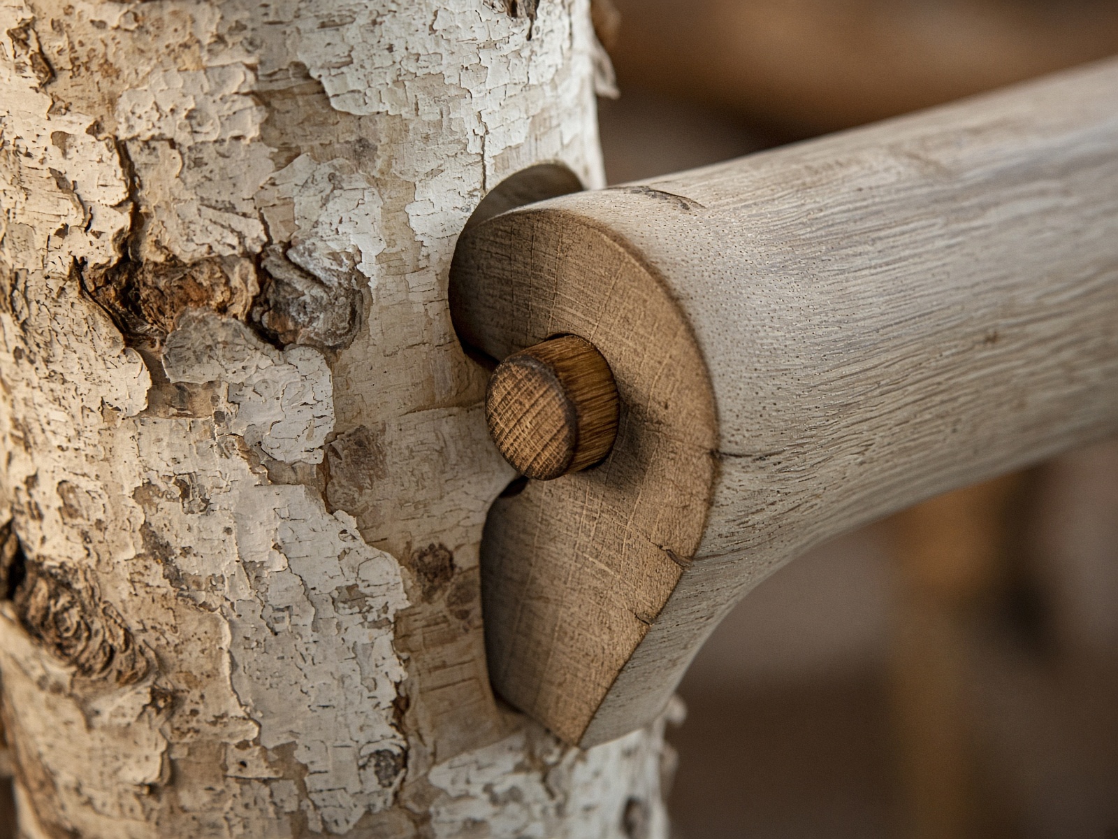 Close-up of saddle-notch joinery with wooden peg